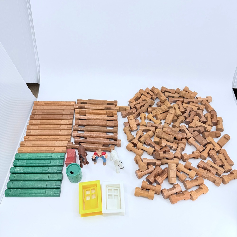 Vintage Lincoln Logs Mixed Lot Wood Building Set Cowboy Horses‎ Doors Figures